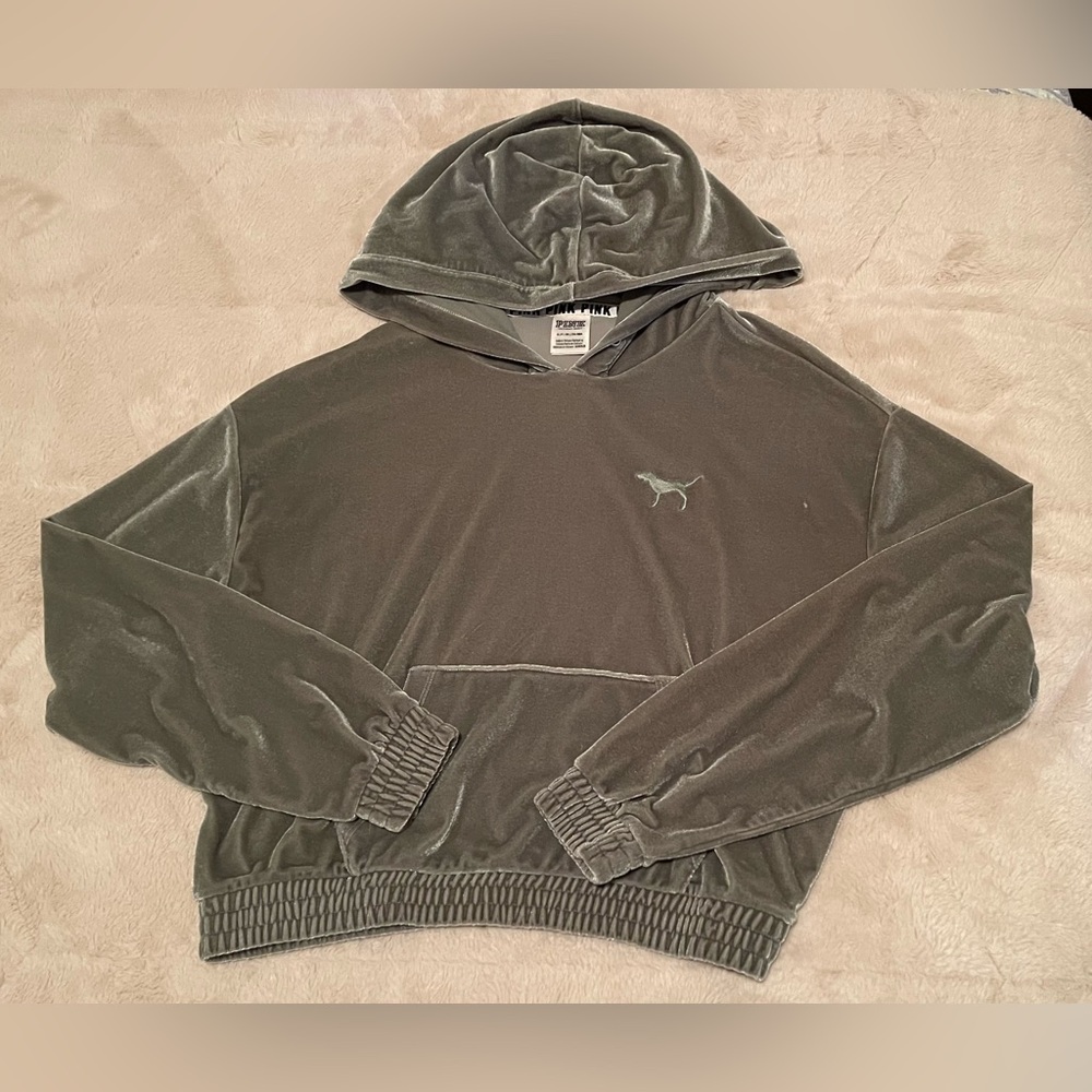 Sage Green Velvet Crop Hoodie